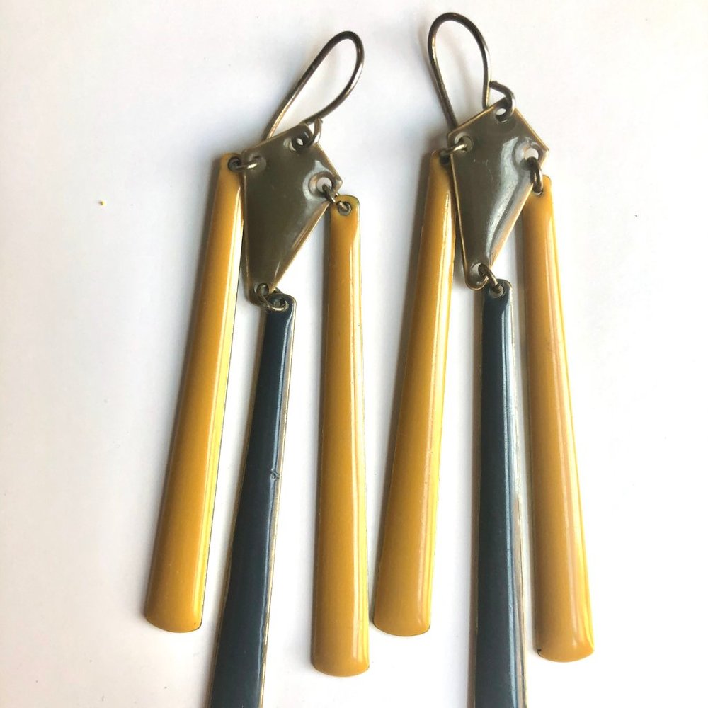 Long Retro Geometric Blue Yellow Earrings